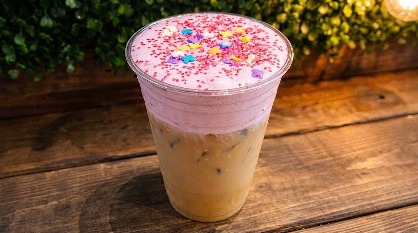 Iced coffee with pink foam and colorful sprinkles on a wooden table.
