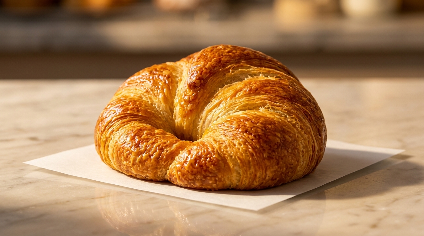 A golden-brown, flaky croissant rests on a white paper on a marble counter.