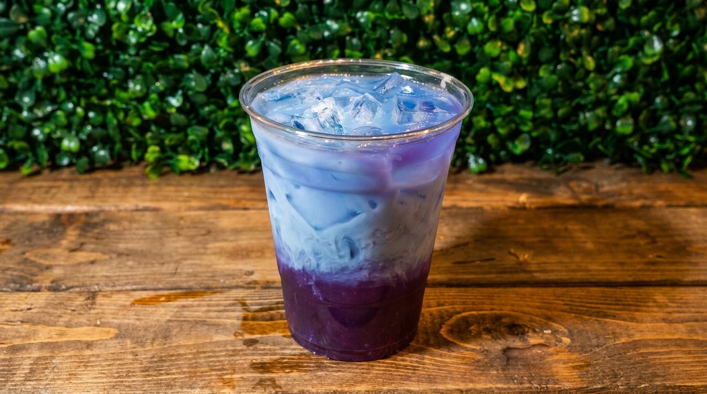 A vibrant purple and blue layered drink with ice in a clear cup on a wooden table.