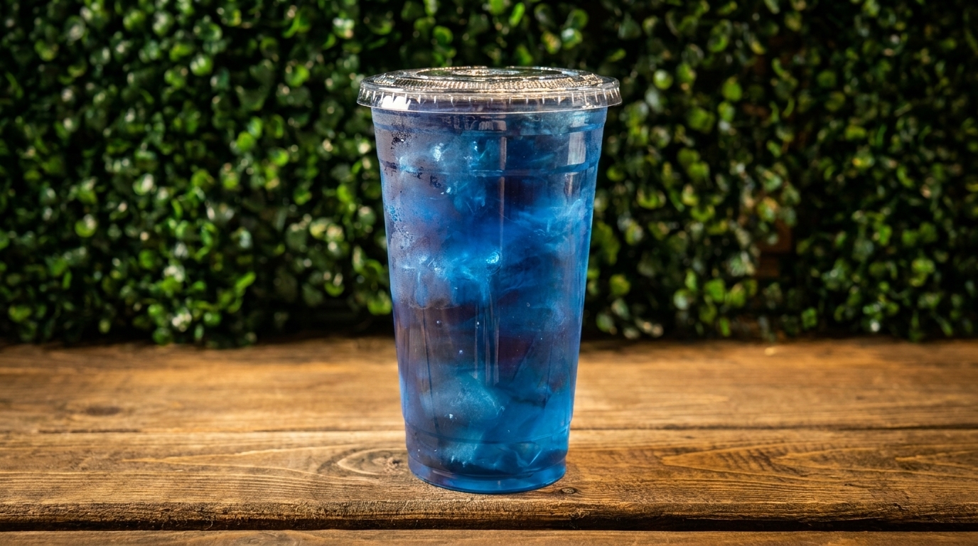 Vibrant blue drink with ice in a clear plastic cup on a wooden table, with a green leafy background.