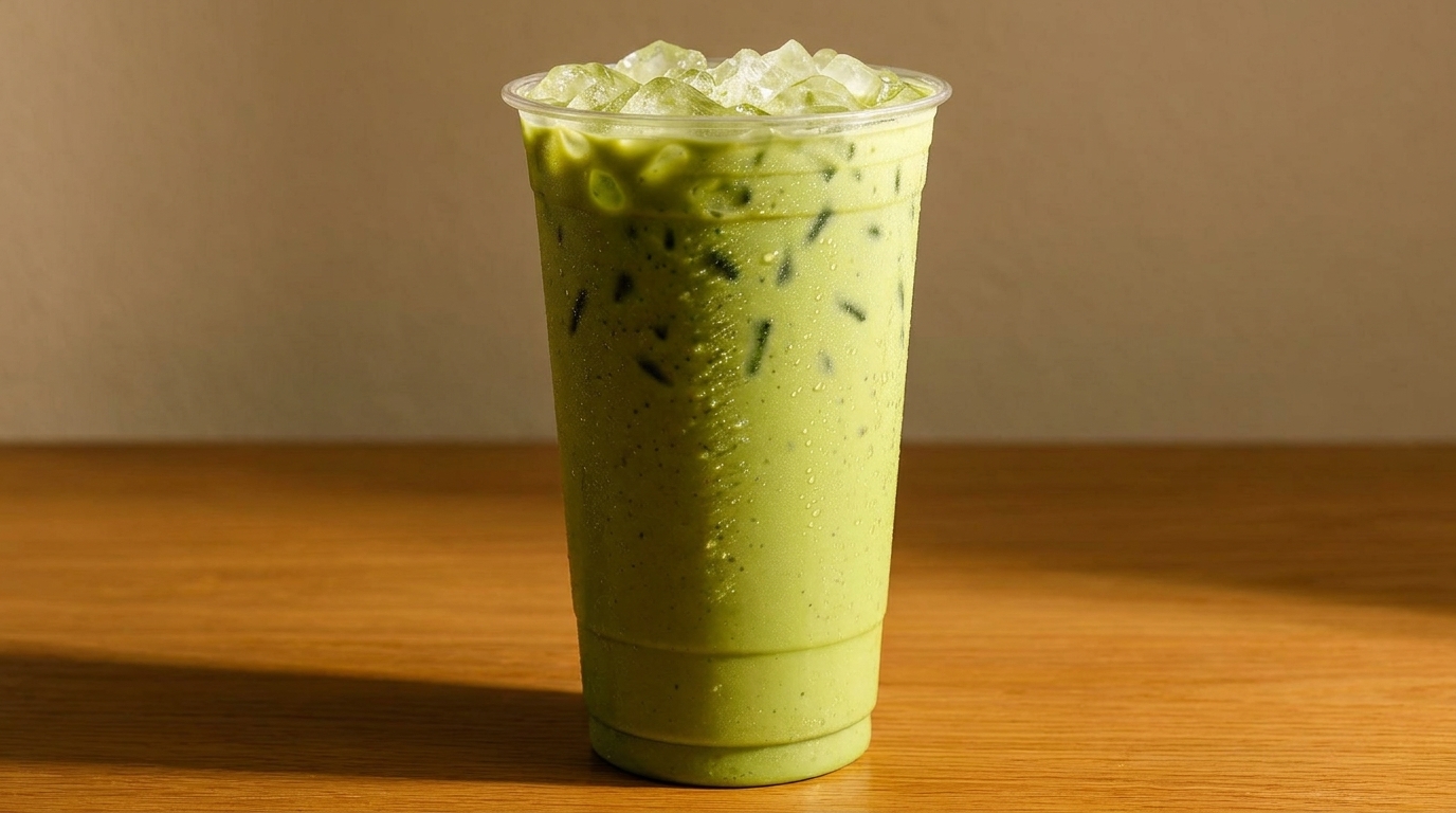 Iced green matcha latte in a clear plastic cup with ice on a wooden table.