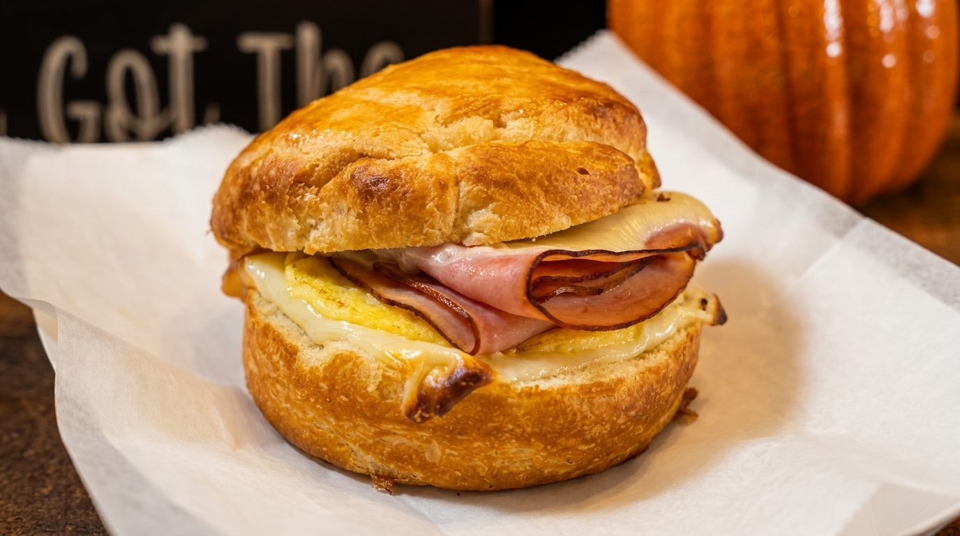 Golden croissant sandwich with ham, melted cheese, and egg on white parchment paper.