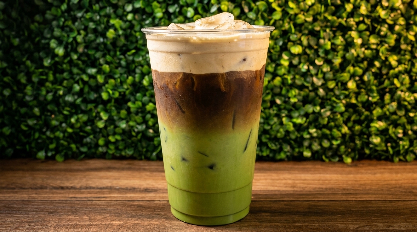 Layered iced drink with green matcha, dark coffee, and a creamy top, on a wooden surface.