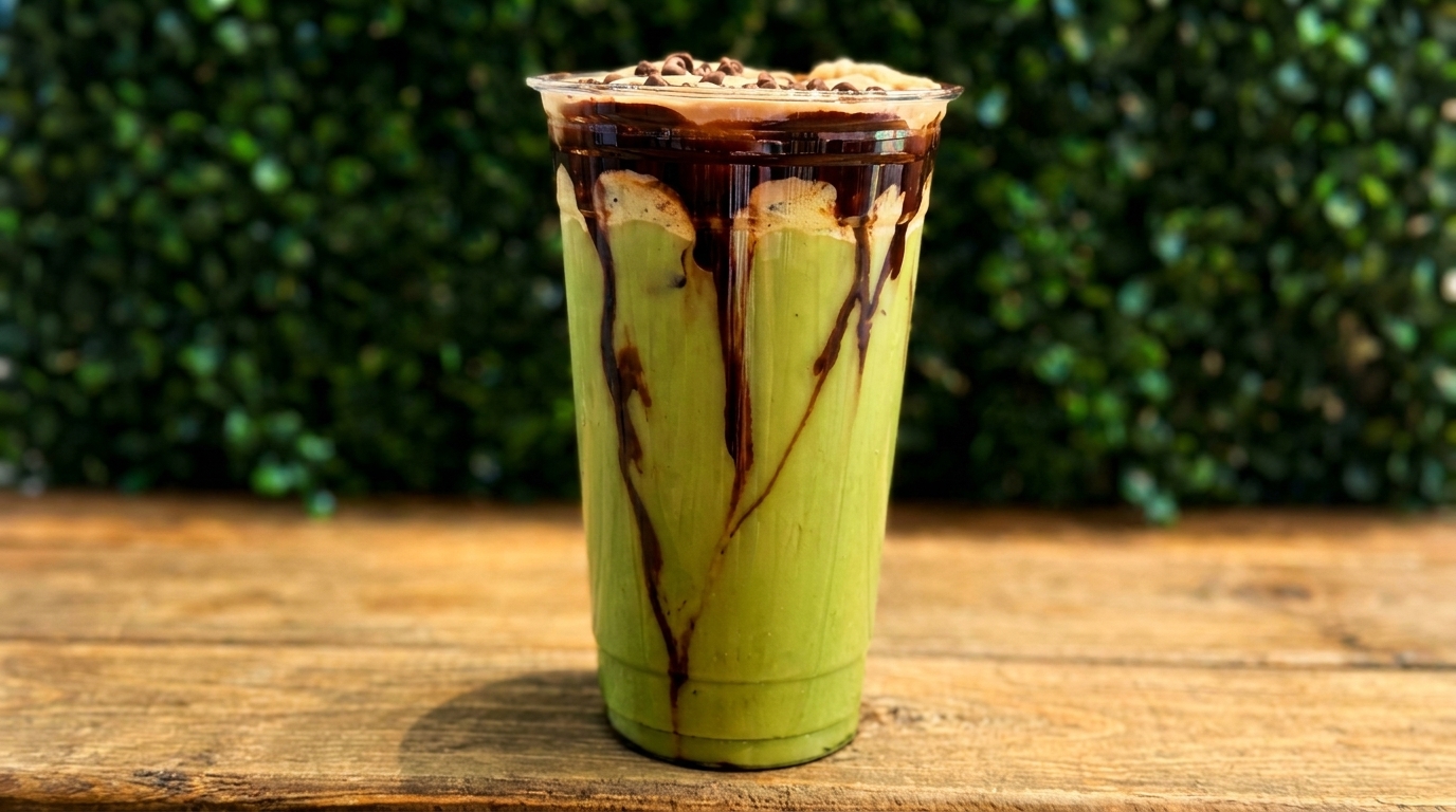 Green matcha drink with chocolate drizzle and chocolate chips on a wooden table.