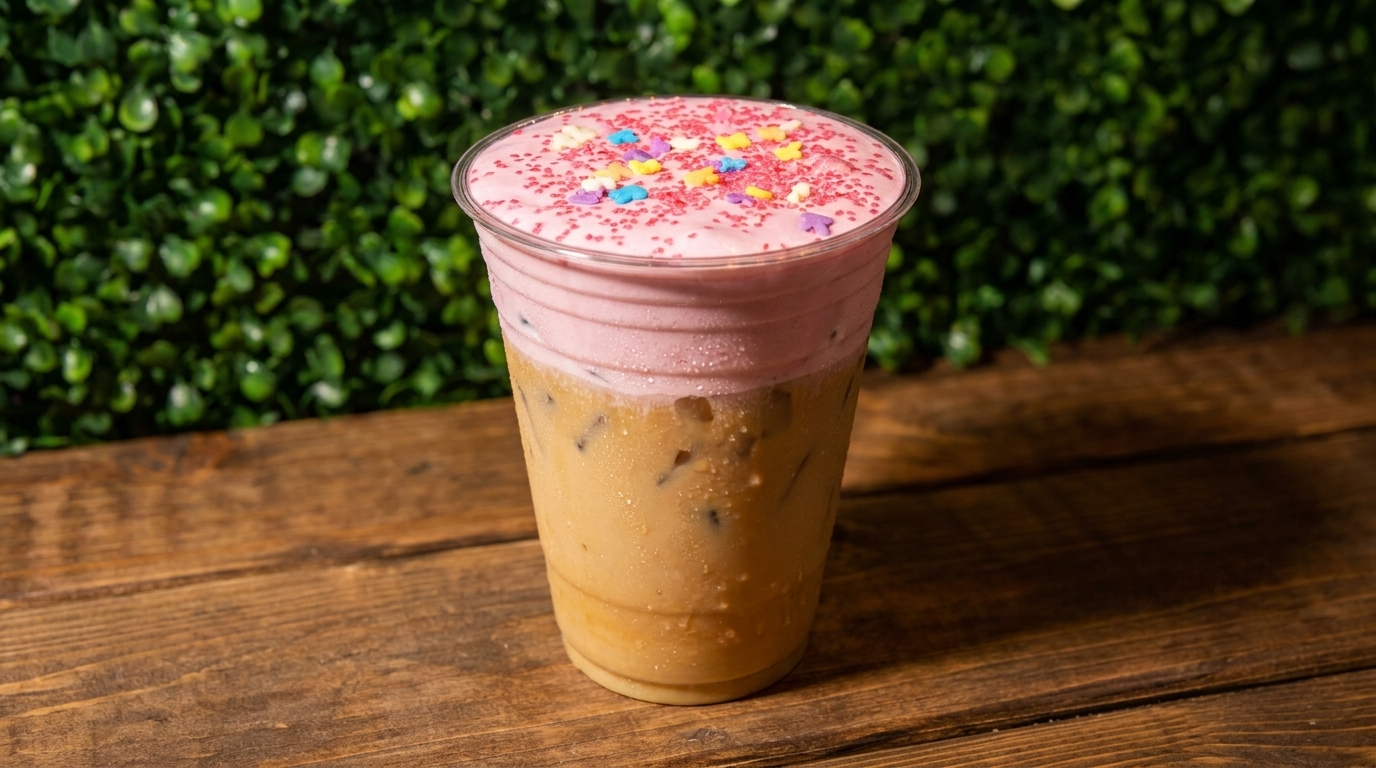 Iced coffee with pink foam and colorful sprinkles on a wooden table with a green hedge.