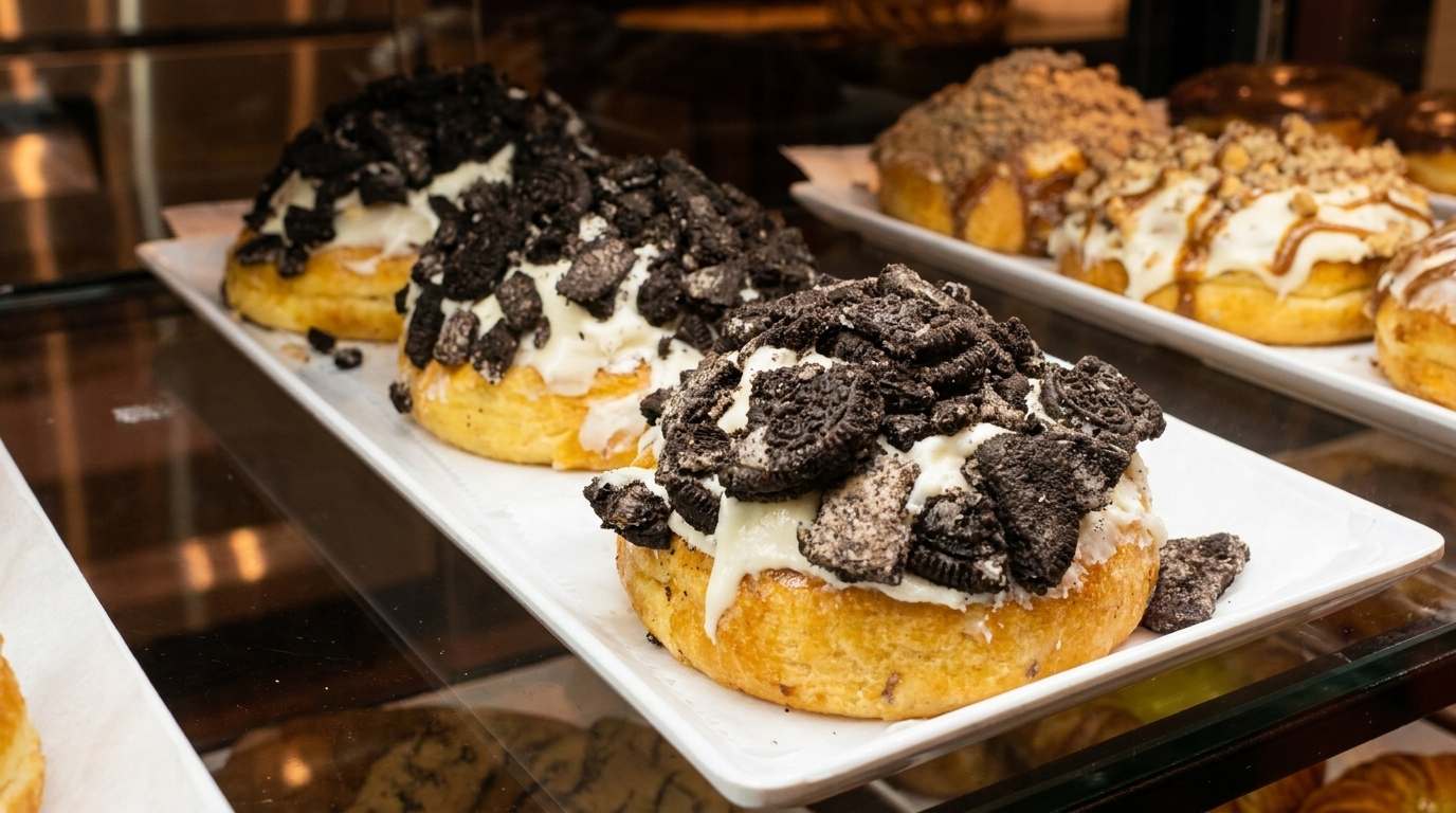Donuts with white frosting and crushed chocolate cookies on a white tray in a display case.