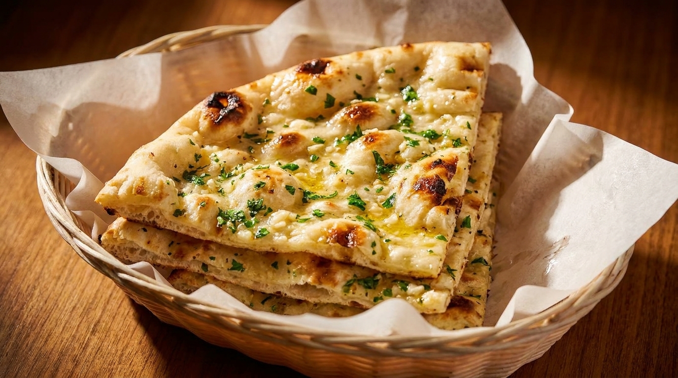 Garlic naan bread, brushed with butter and sprinkled with parsley, served in a woven basket.
