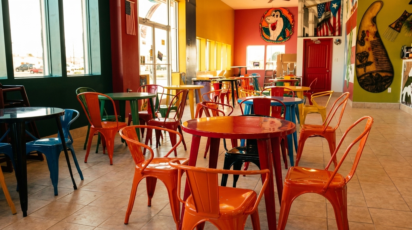 Colorful restaurant interior with red, orange, blue, and green tables and chairs, and vibrant wall decor.