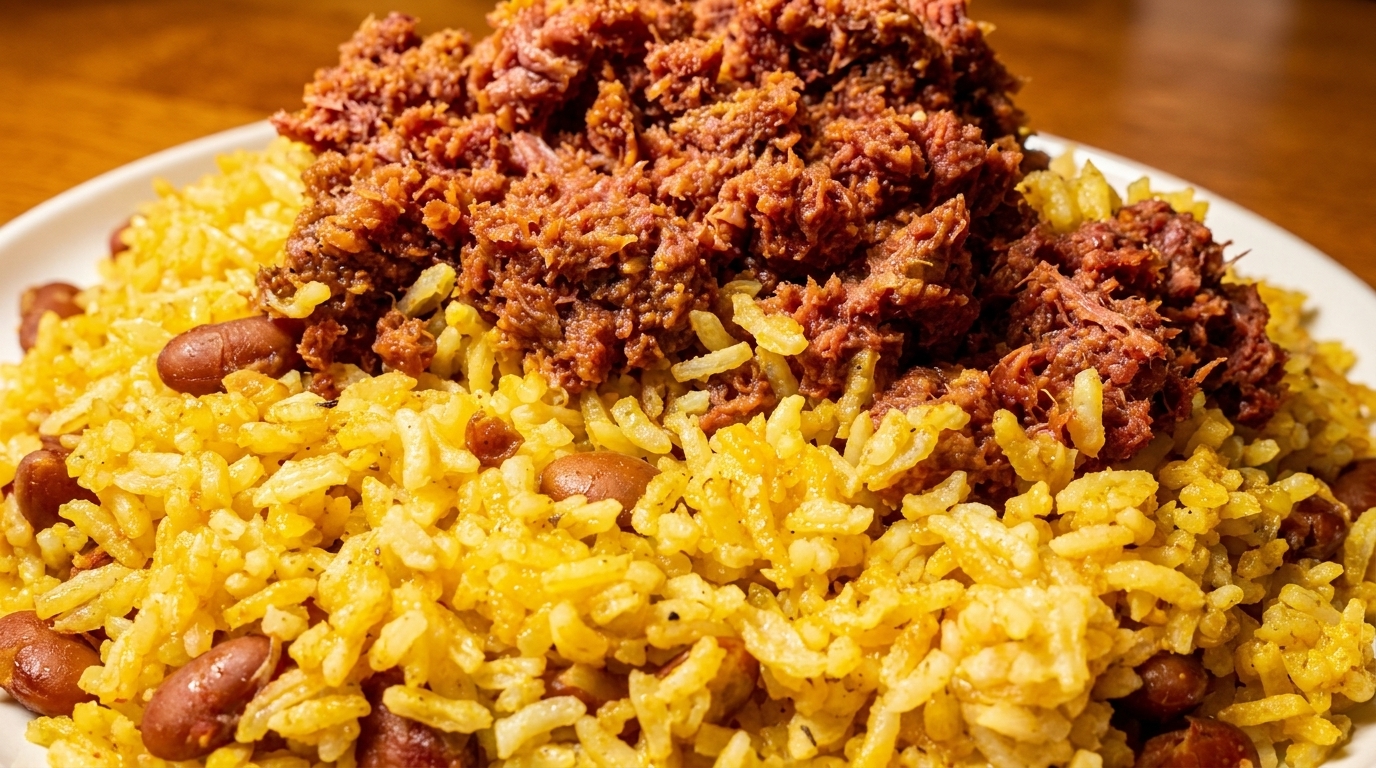 Close-up of yellow rice with red beans, topped with a generous portion of shredded corned beef.