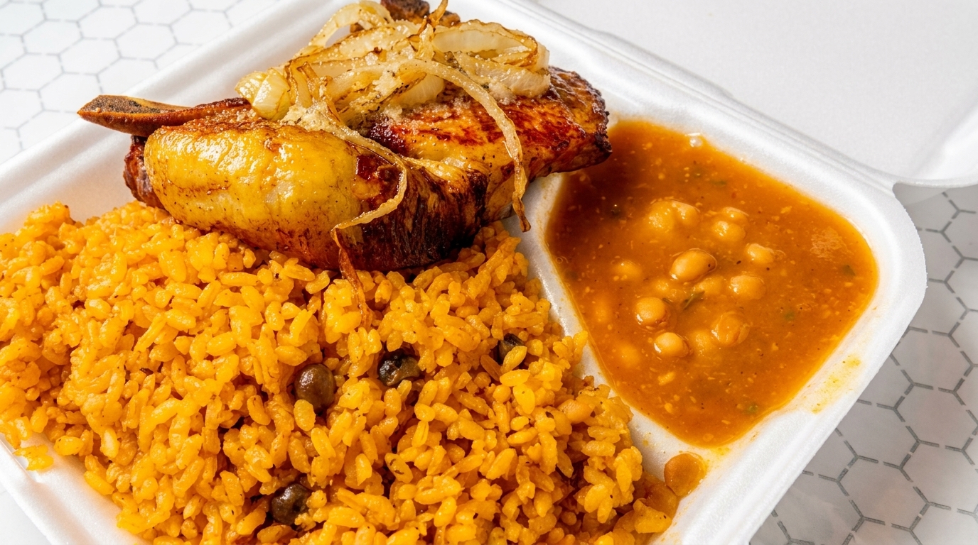 Pork chop with caramelized onions, yellow rice, and chickpea stew in a white takeout container.