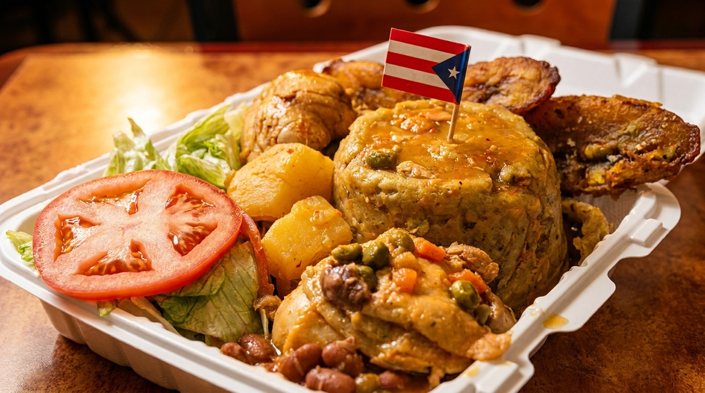 Puerto Rican mofongo with chicken, plantains, potatoes, and salad in a takeout container.