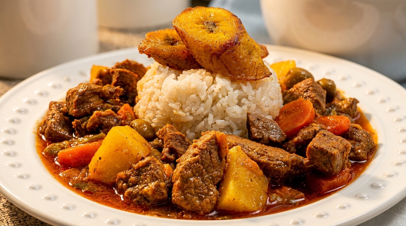 Savory beef stew with potatoes, carrots, and olives, served with white rice and fried plantains.