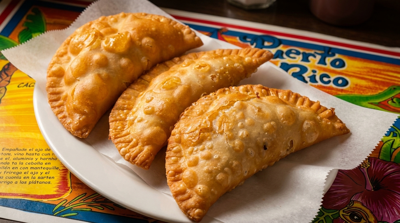 Three golden-brown empanadas on white parchment paper, served on a plate with a colorful Puerto Rico placemat.