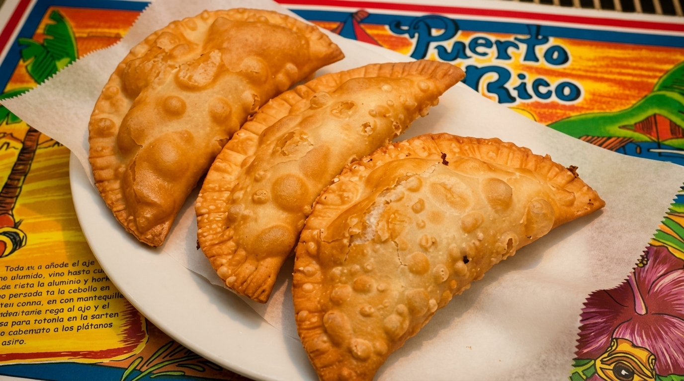 Three golden-brown empanadas on a white plate with a colorful "Puerto Rico" placemat.