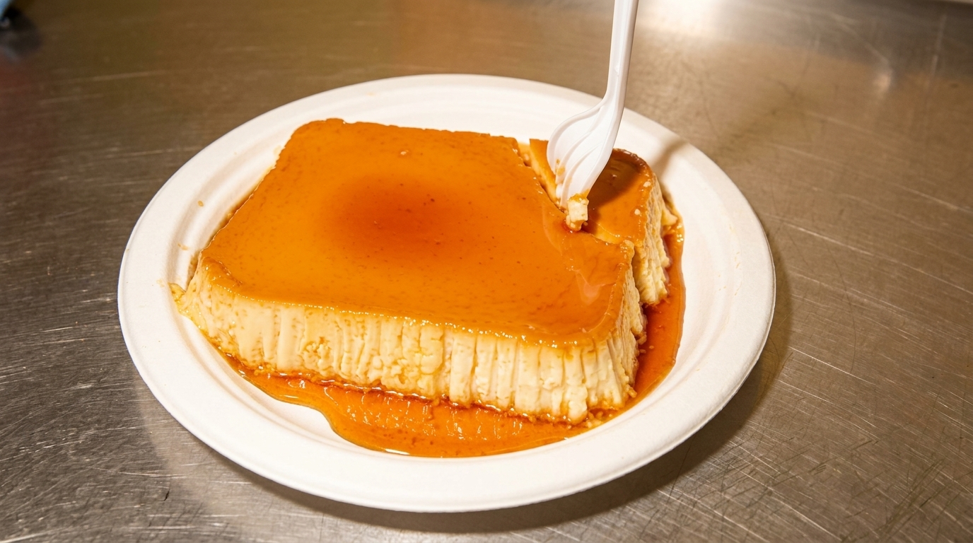 A square flan dessert with caramel sauce on a white plate, being eaten with a plastic fork.