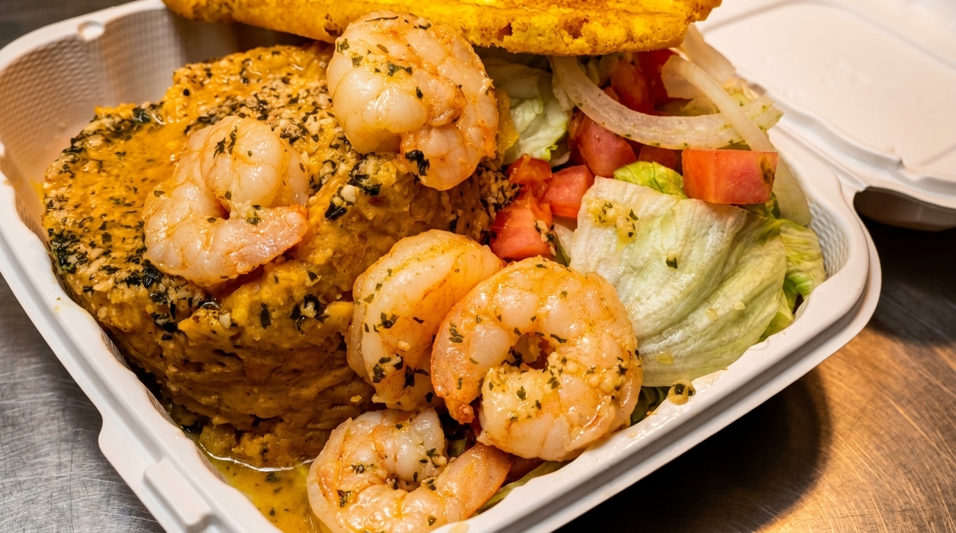 Shrimp mofongo with a side salad and fried plantains in a white takeout container.