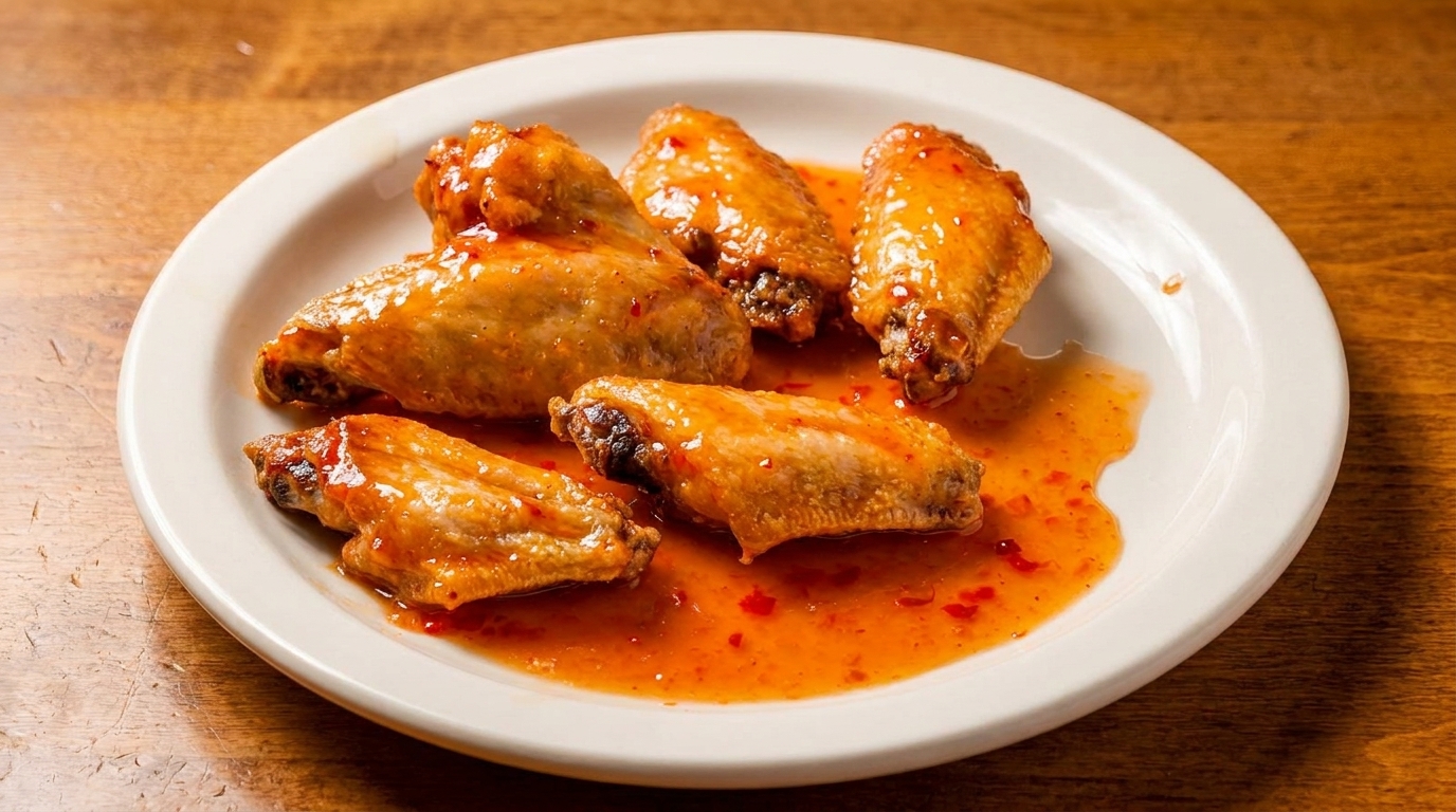 Five chicken wings coated in a vibrant orange sweet chili sauce on a white plate.