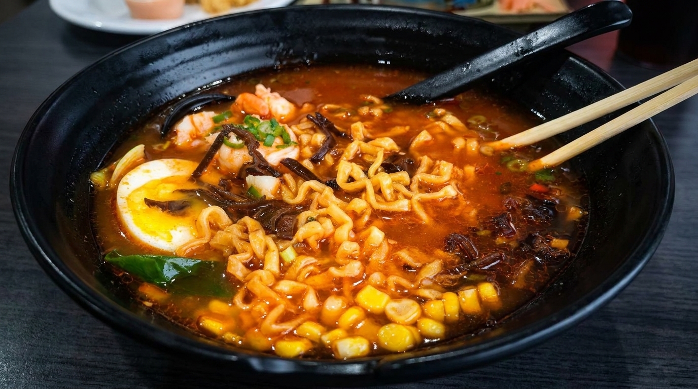 Spicy ramen with shrimp, corn, egg, and mushrooms in a black bowl with chopsticks.