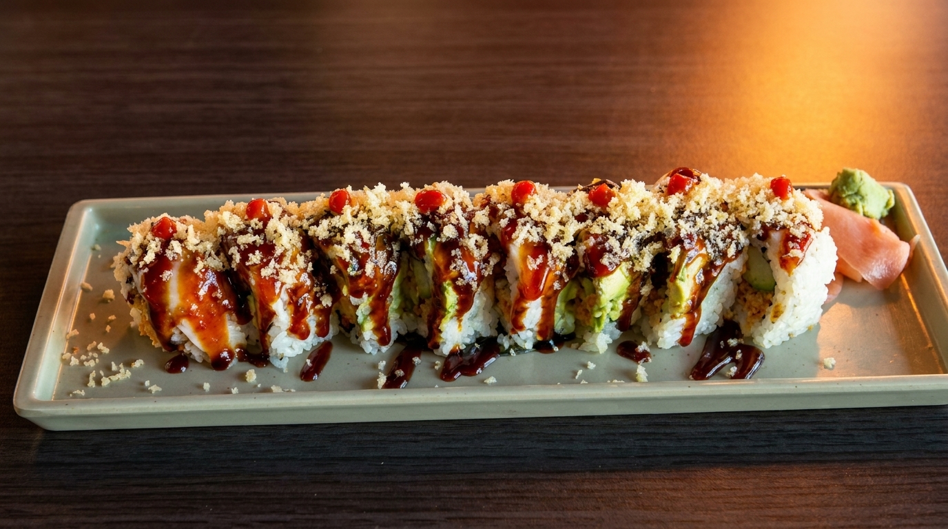 Sushi roll with avocado, drizzled with sauce, topped with crunchy flakes and red dots, served with ginger and wasabi.