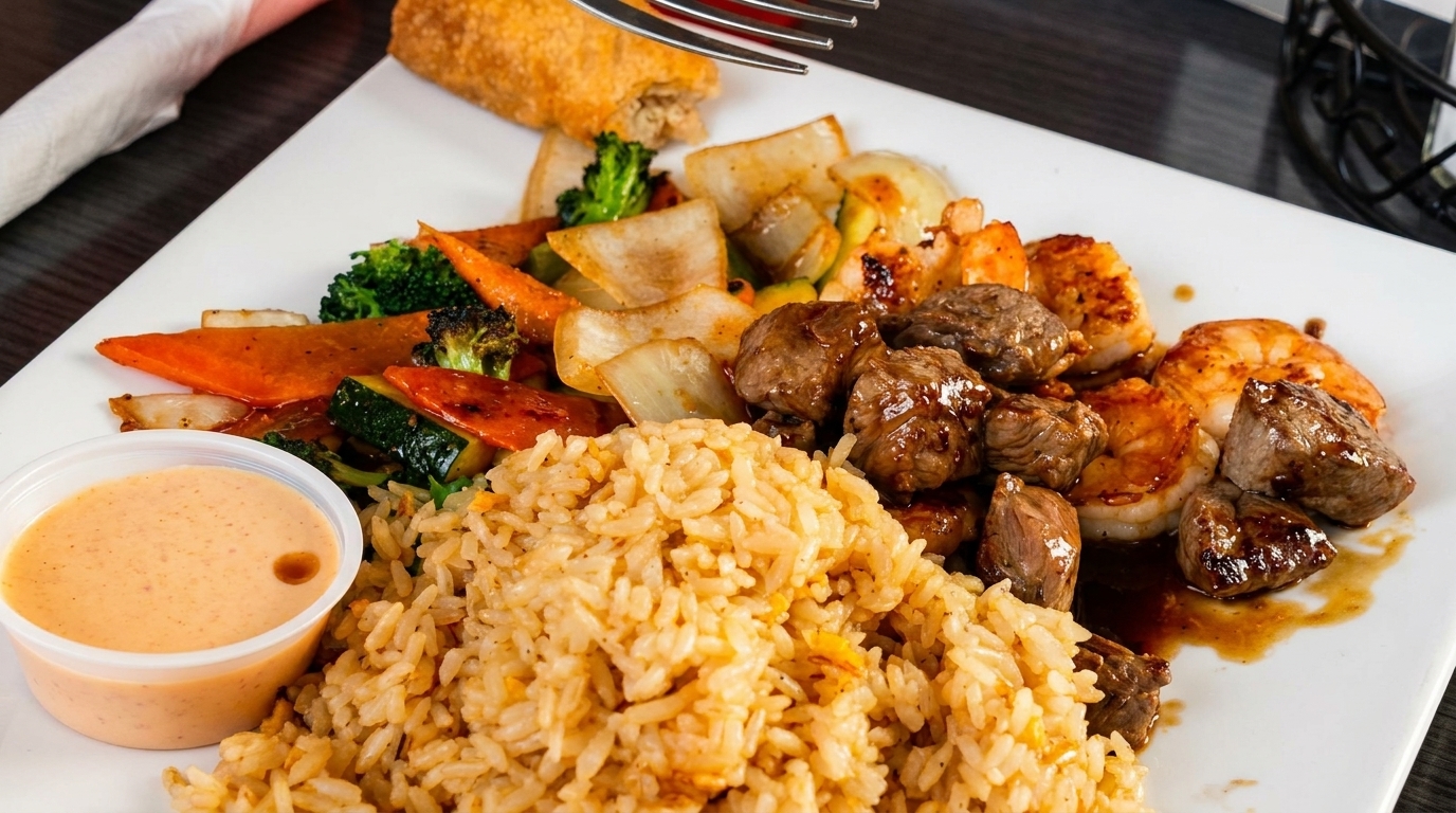 A hibachi dinner with steak, shrimp, fried rice, mixed vegetables, and a side of sauce.