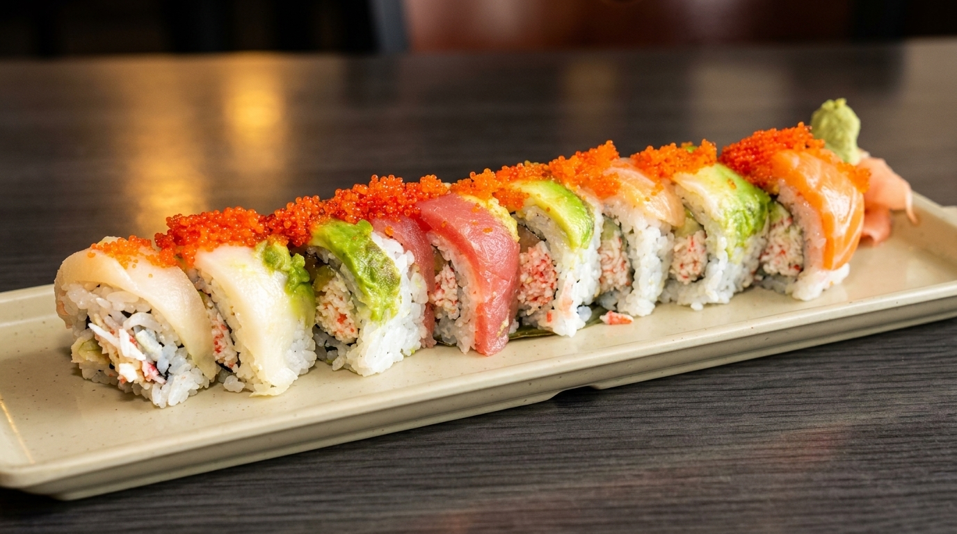 Colorful sushi roll with various fish, avocado, and roe, served on a rectangular plate.