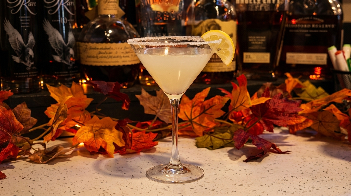 A martini glass with a lemon slice and sugar rim sits on a counter with autumn leaves.