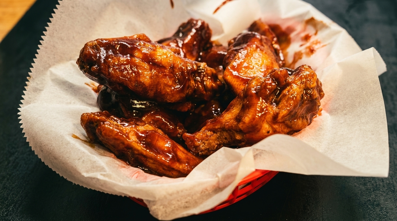 Close-up of a basket of glossy, dark brown BBQ chicken wings with white paper lining.