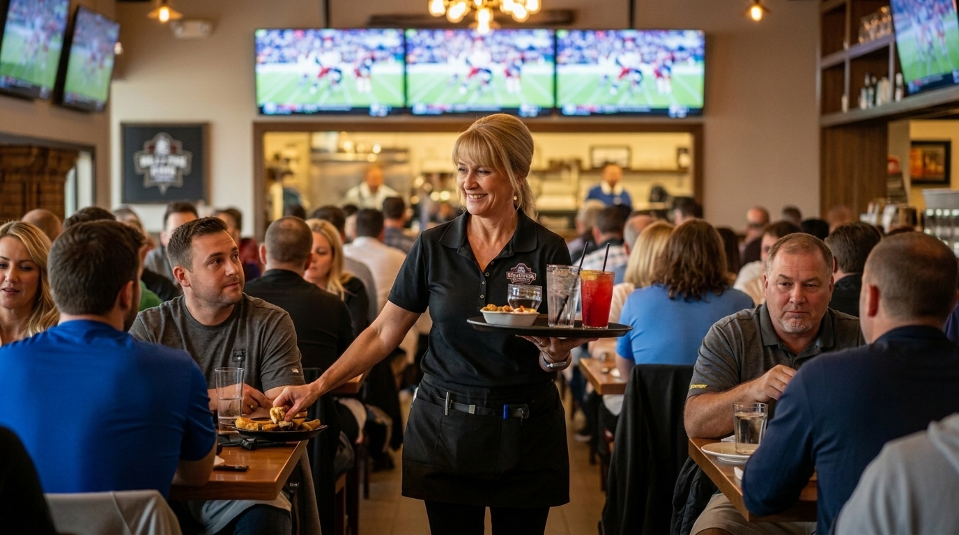 A smiling waitress serves drinks and food to customers in a busy restaurant with TVs showing sports.