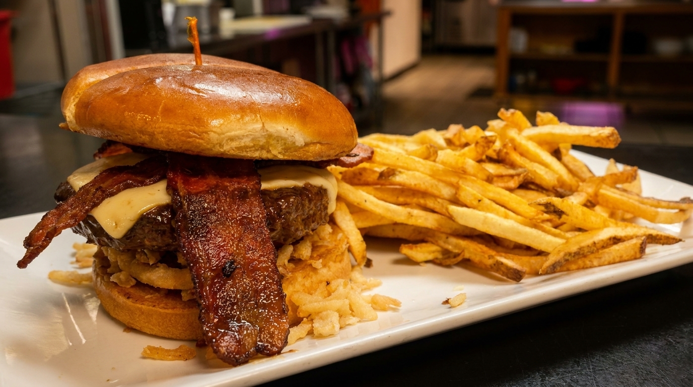 A bacon cheeseburger with onion rings and a side of golden french fries on a white plate.