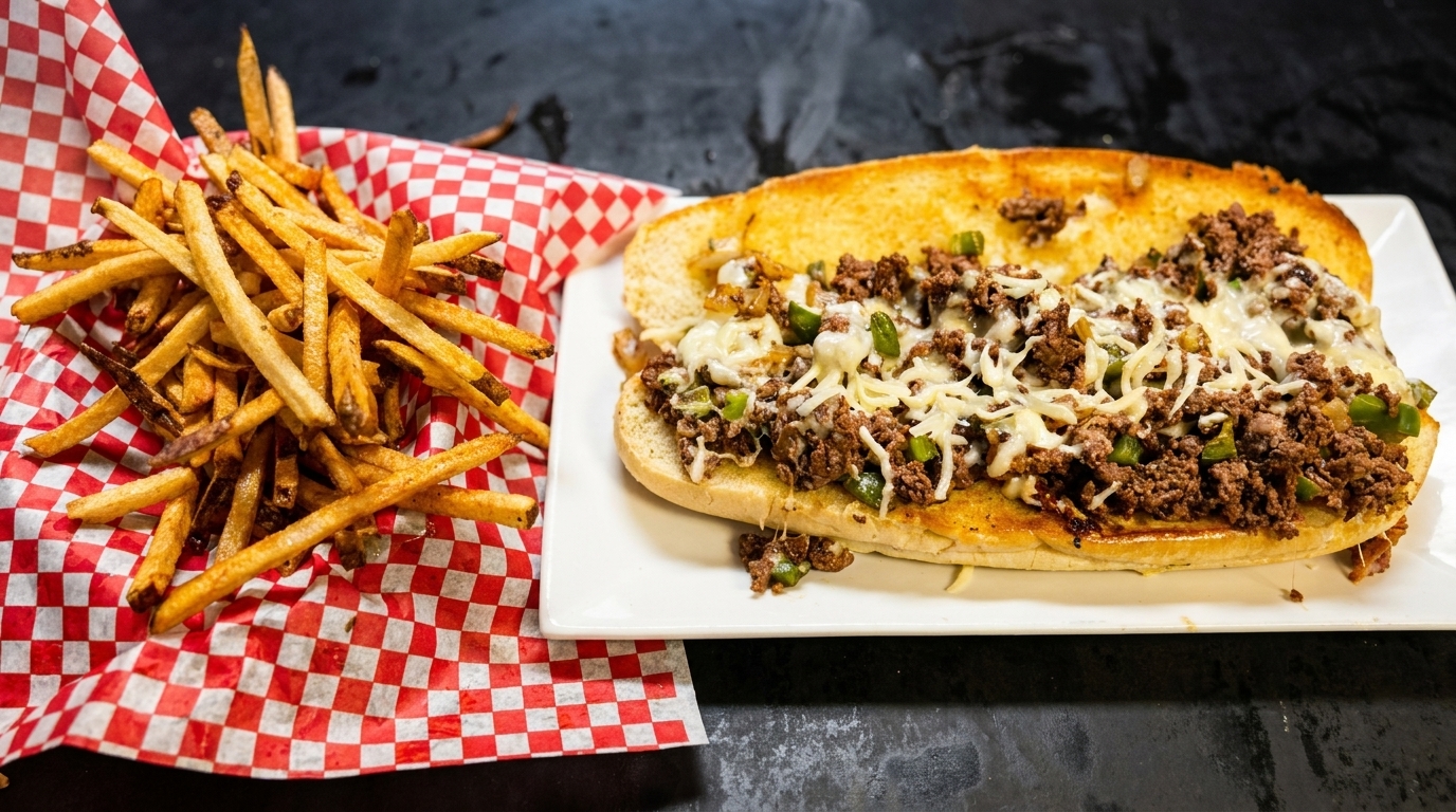 Cheesesteak sandwich with melted cheese, peppers, and onions, served with a side of fries.