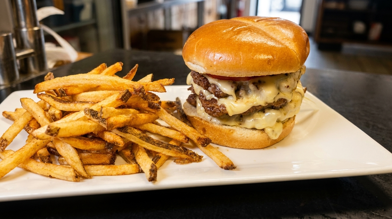 A double cheeseburger with melted cheese and a side of golden-brown french fries on a white plate.