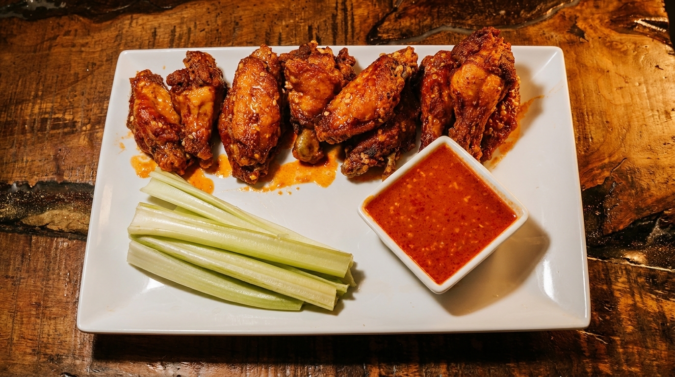 Crispy chicken wings with celery sticks and a side of spicy dipping sauce on a white plate.