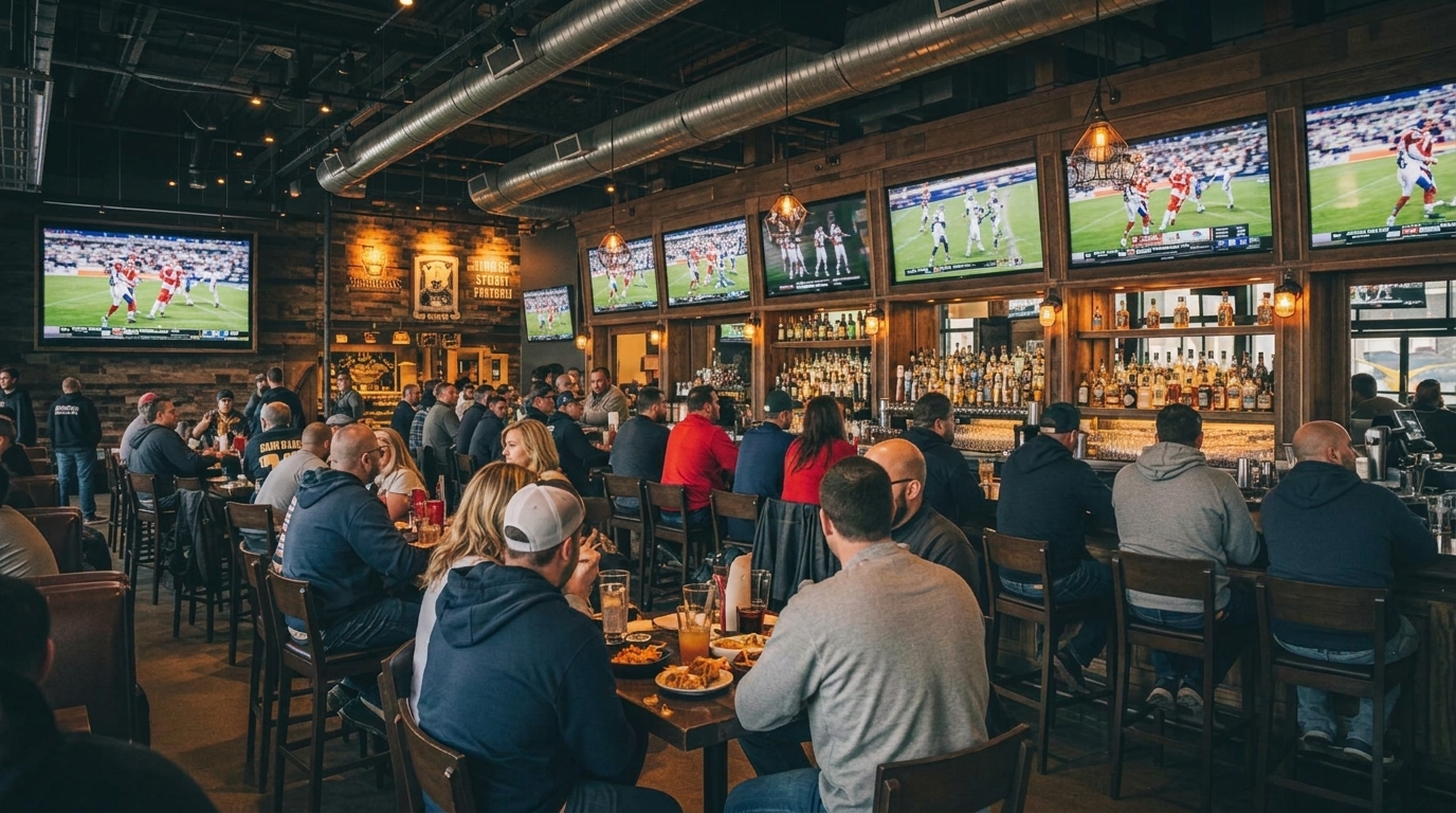 Patrons watch sports on multiple large screens in a lively, rustic-themed bar with a full liquor selection.
