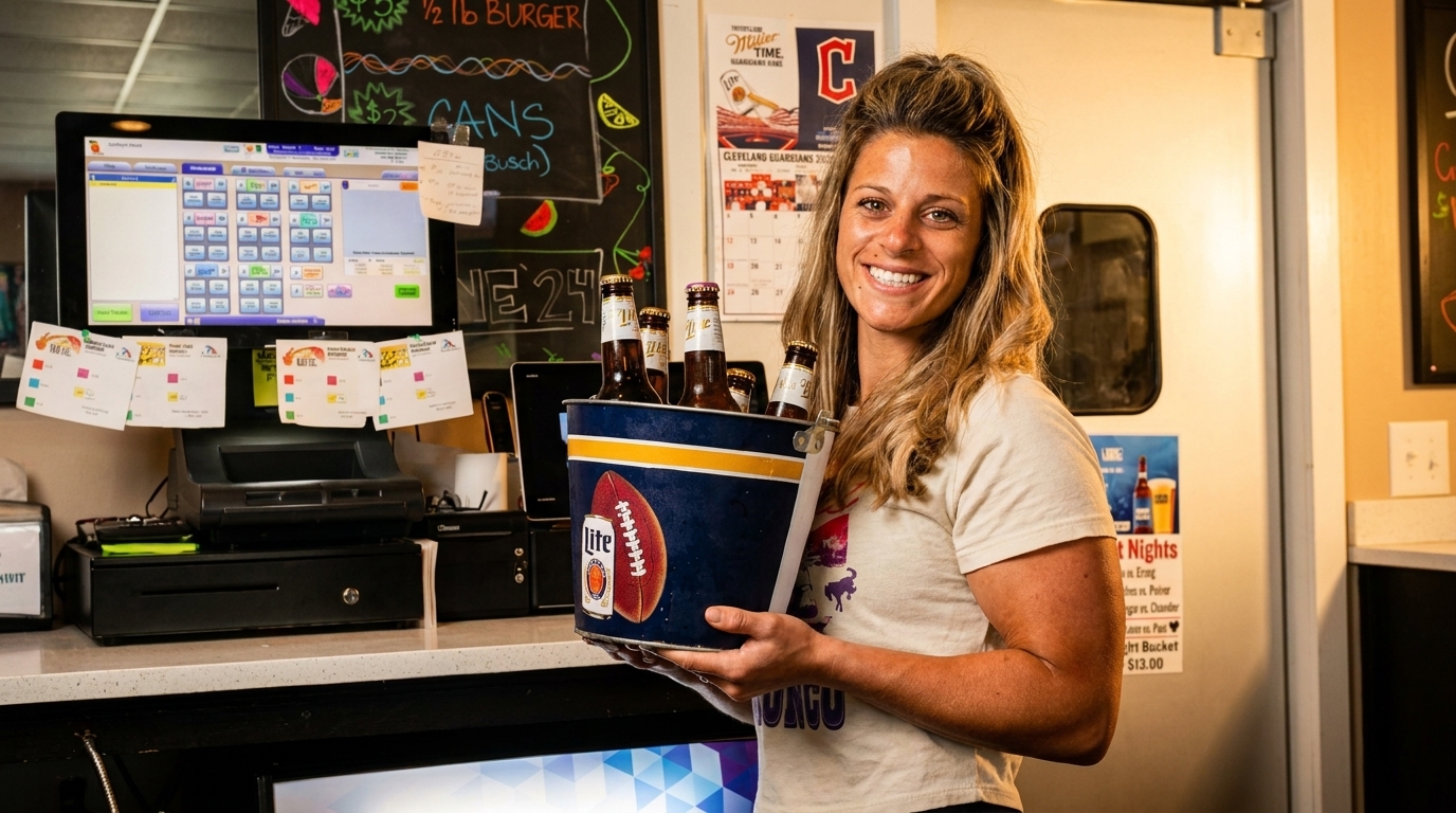 Smiling woman holding a bucket of Miller Lite beers at a restaurant counter with a POS system.