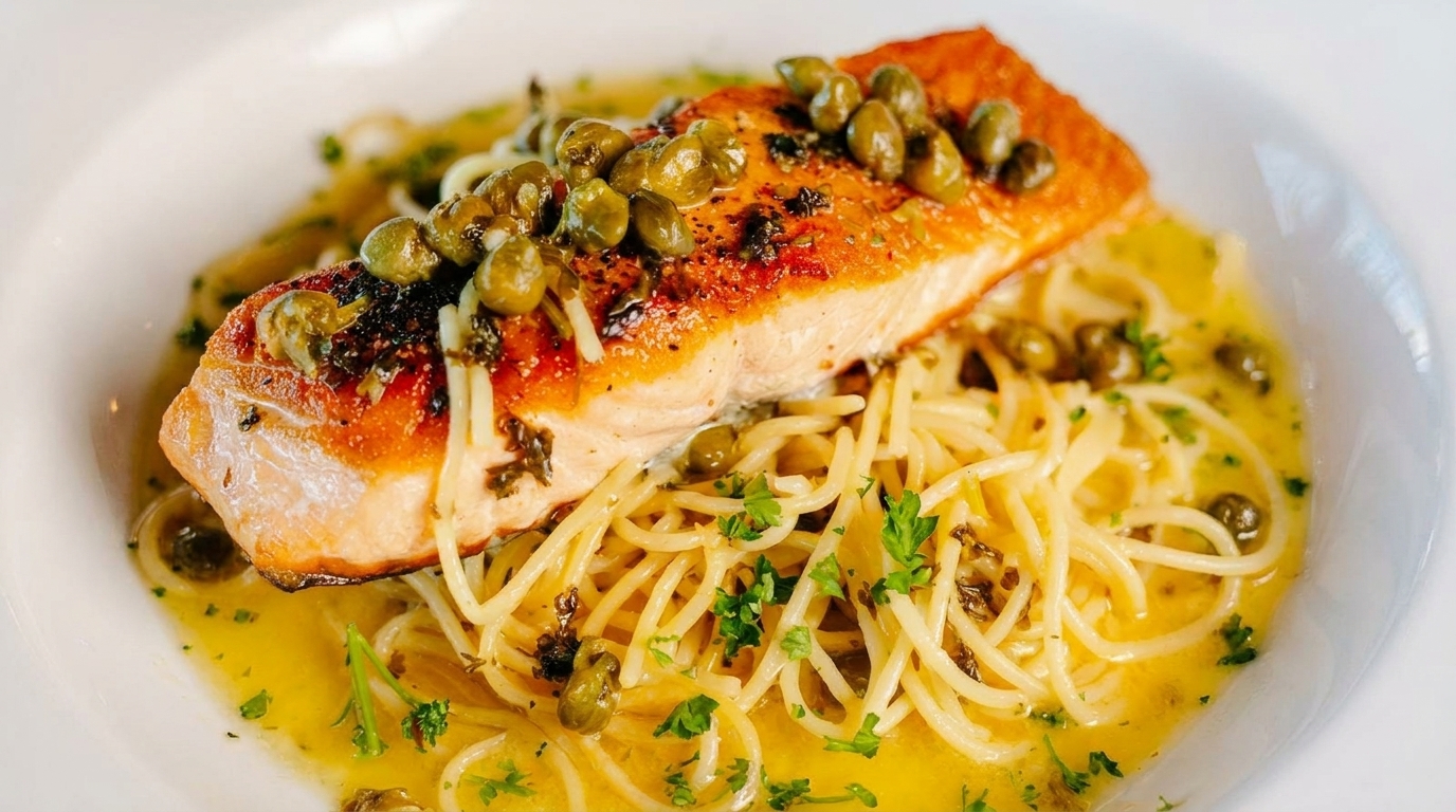 Pan-seared salmon fillet topped with capers and herbs, served over spaghetti in a lemon-butter sauce.