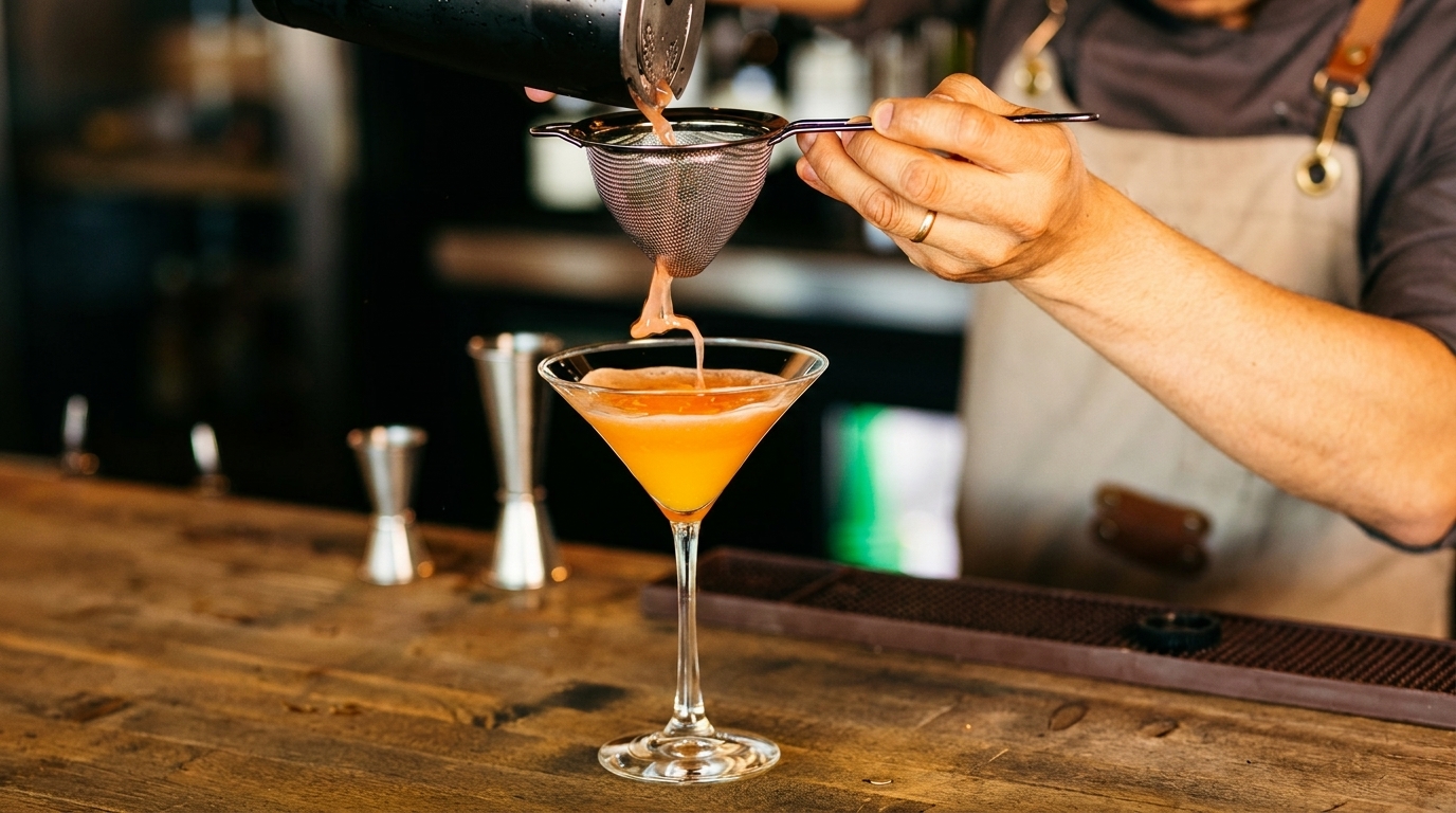 Bartender straining a vibrant orange cocktail from a shaker into a martini glass on a wooden bar.