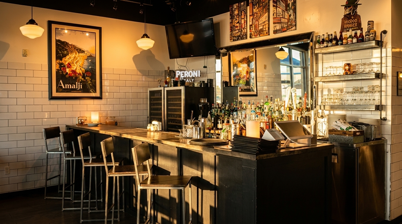 A well-stocked bar with bottles, glasses, and bar stools, bathed in warm sunlight.