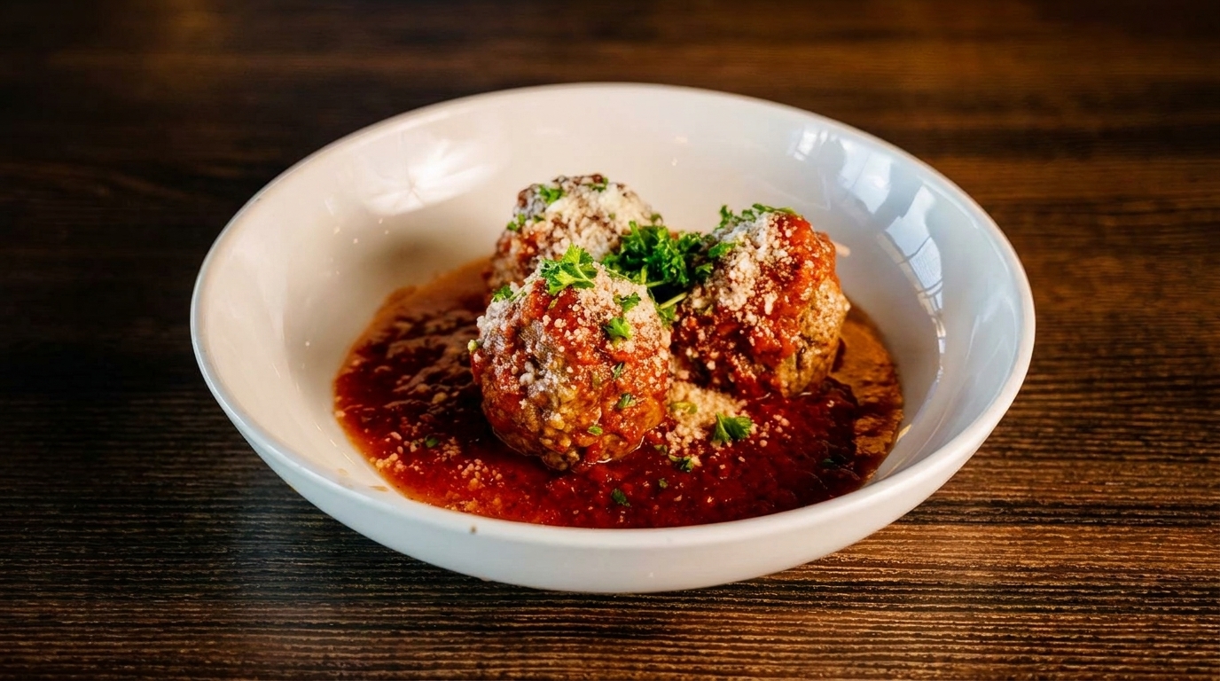 Three large meatballs in rich red sauce, topped with grated cheese and parsley, in a white bowl.