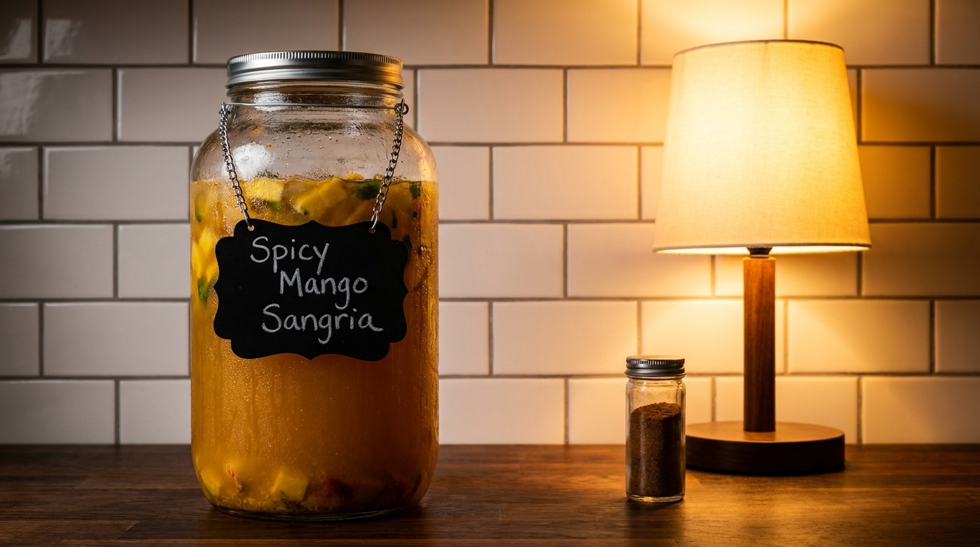 A large jar of spicy mango sangria with a small spice jar and a lamp on a wooden counter.