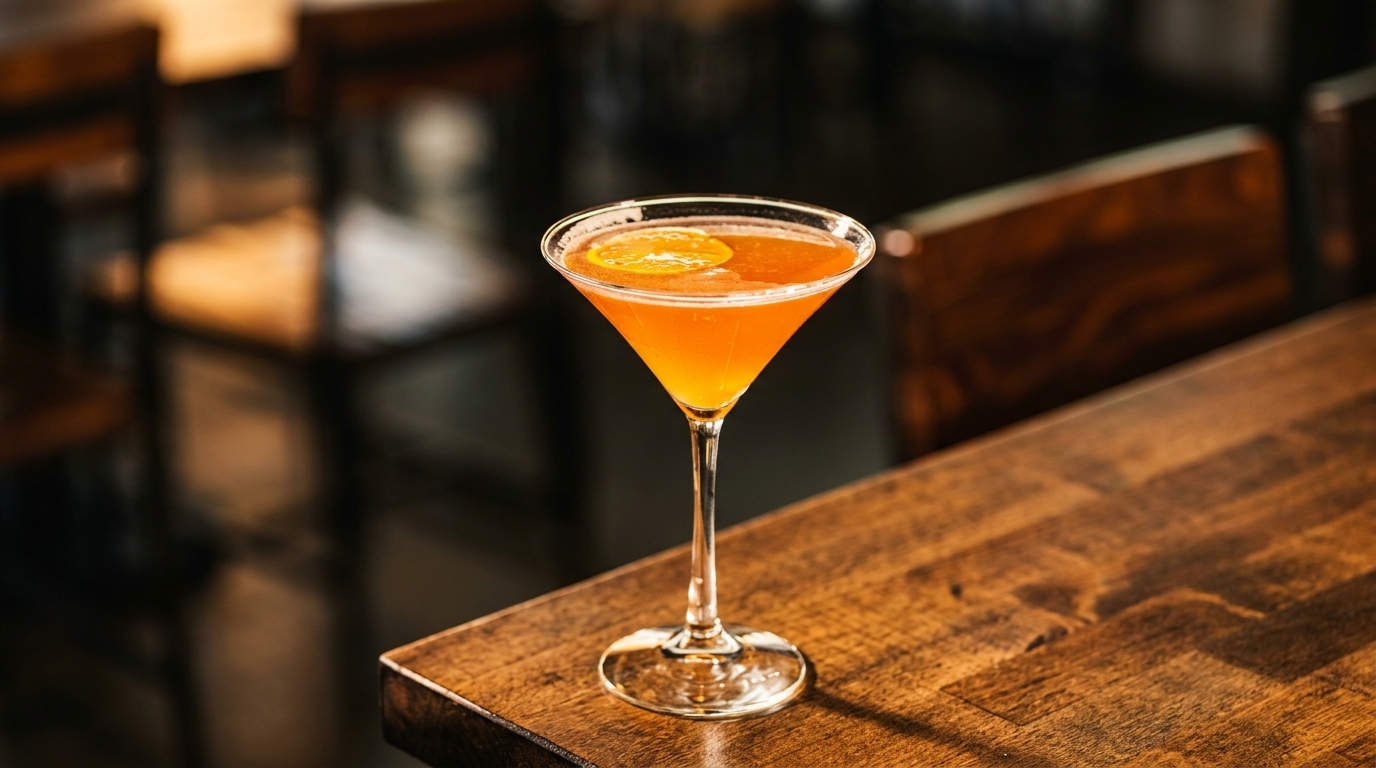 Orange cocktail with an orange slice garnish in a martini glass on a wooden table.