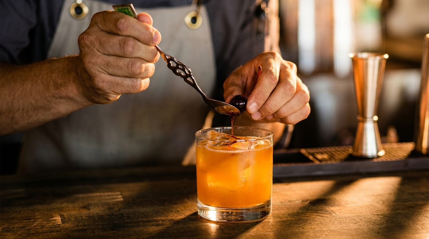 Bartender garnishing an Old Fashioned cocktail with a cherry and syrup on a wooden bar.