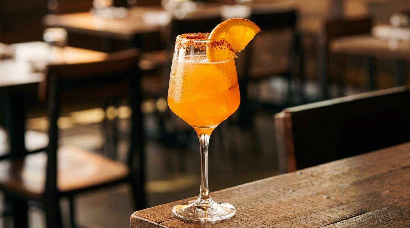Orange cocktail with a chili-salt rim and orange slice on a rustic wooden table in a restaurant.