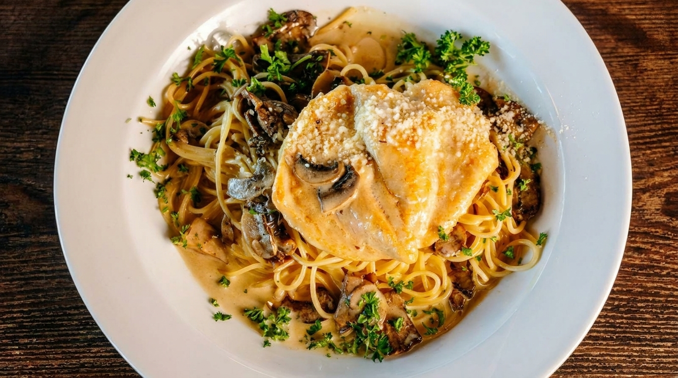 Creamy pasta with chicken, mushrooms, and parsley, topped with grated cheese on a white plate.