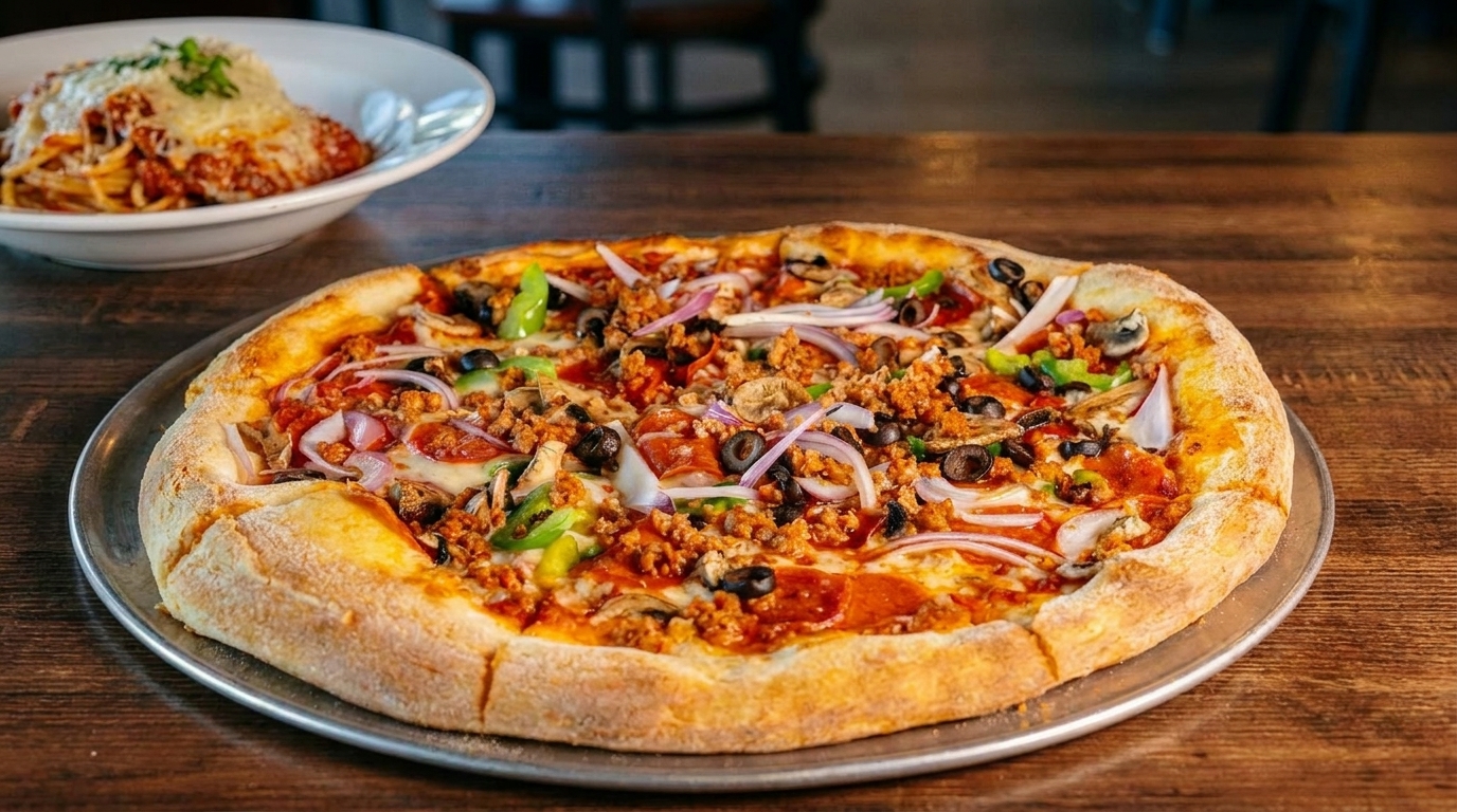 A large pizza with various toppings and a bowl of spaghetti with red sauce and cheese.