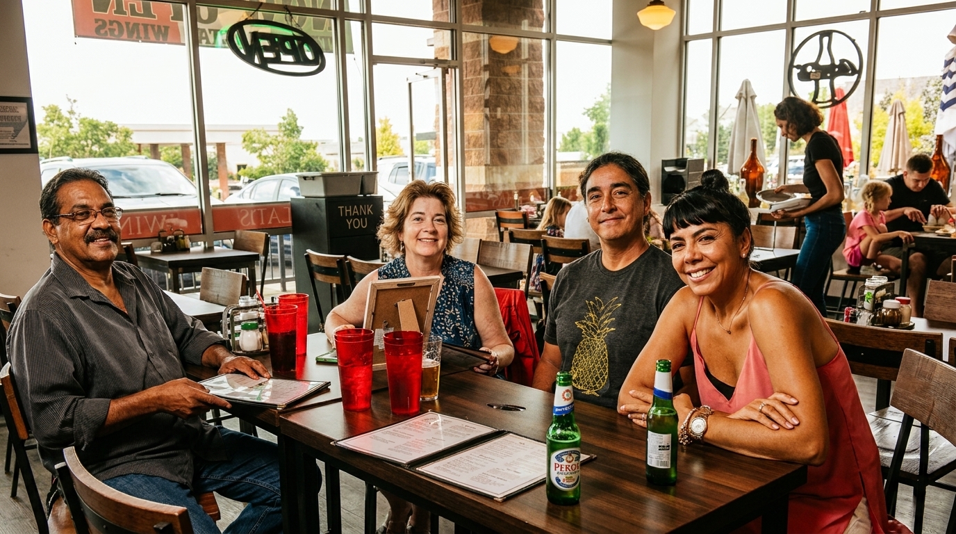 Four smiling people seated at a table in a brightly lit restaurant with large windows.