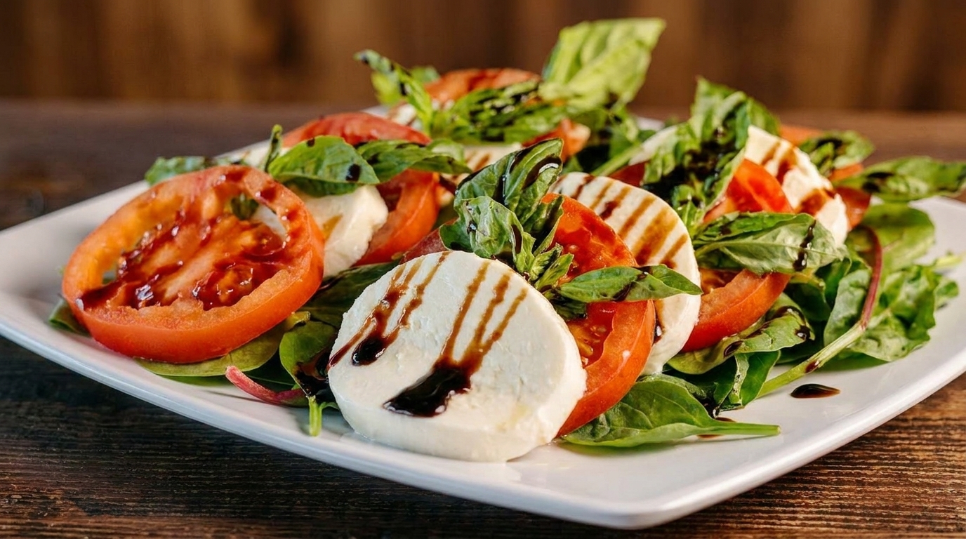 Caprese salad with sliced tomatoes, mozzarella, fresh basil, and balsamic glaze on a white plate.