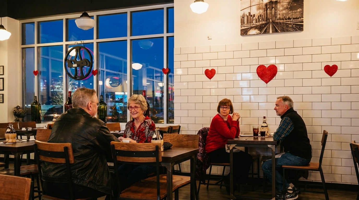 Couples dining in a restaurant with large windows, decorated with red hearts for Valentine's Day.