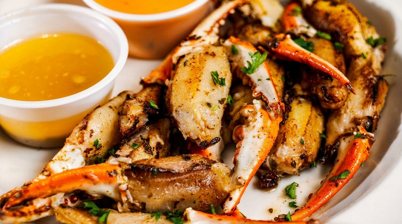 Grilled crab legs and claws with herbs, served with two small cups of dipping sauce.