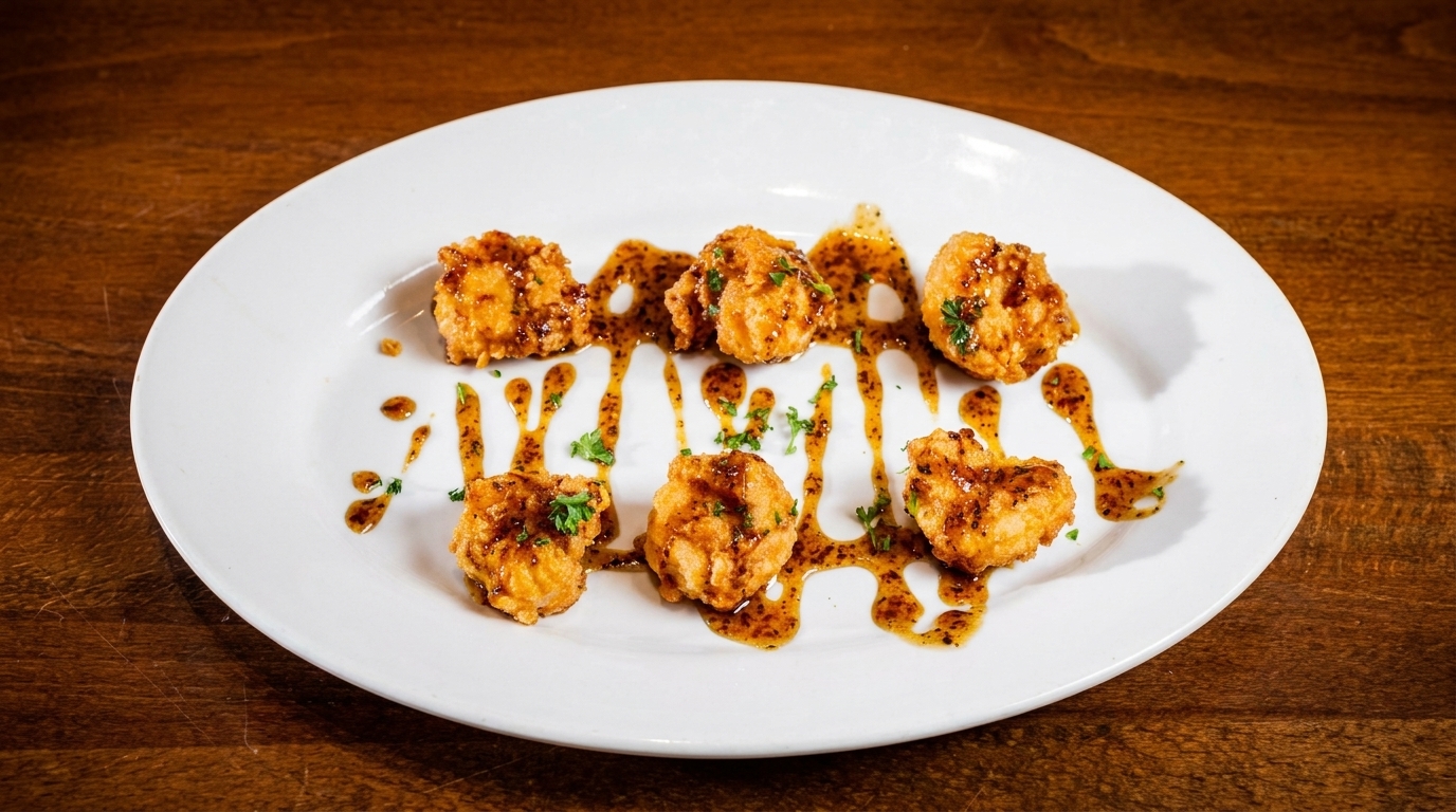 Crispy fried shrimp drizzled with a savory sauce and garnished with parsley on a white plate.
