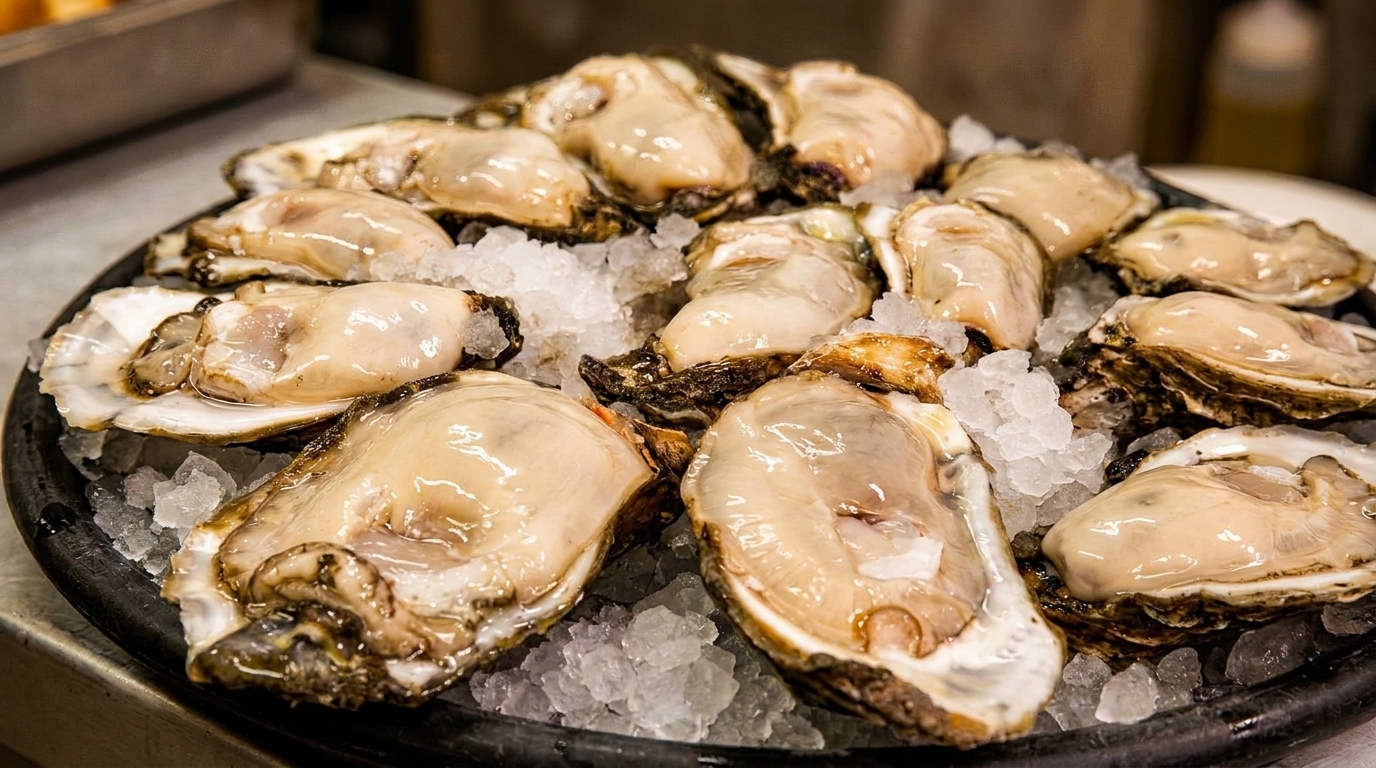 Freshly shucked oysters on the half shell, nestled on a bed of crushed ice.